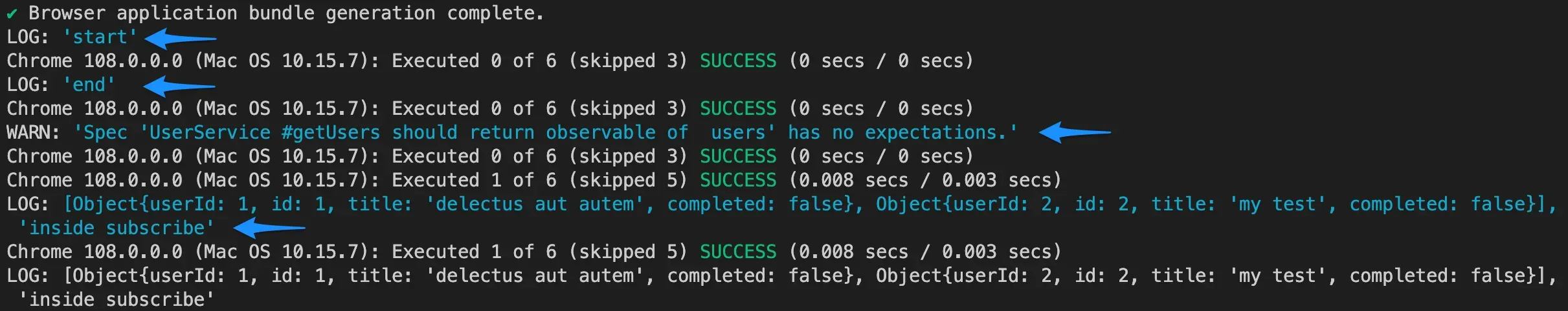 asynchronous observable unit testing with jasmine/karma
